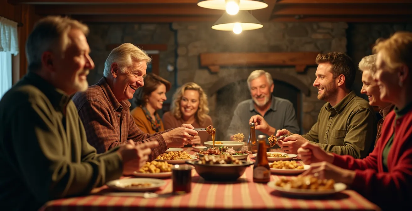 Vue plongeante sur une tablée animée dans une cabane à sucre avec convives partageant un repas traditionnel