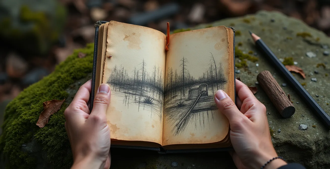 Gros plan macro sur des mains esquissant un paysage dans un carnet, crayons et fusains visibles