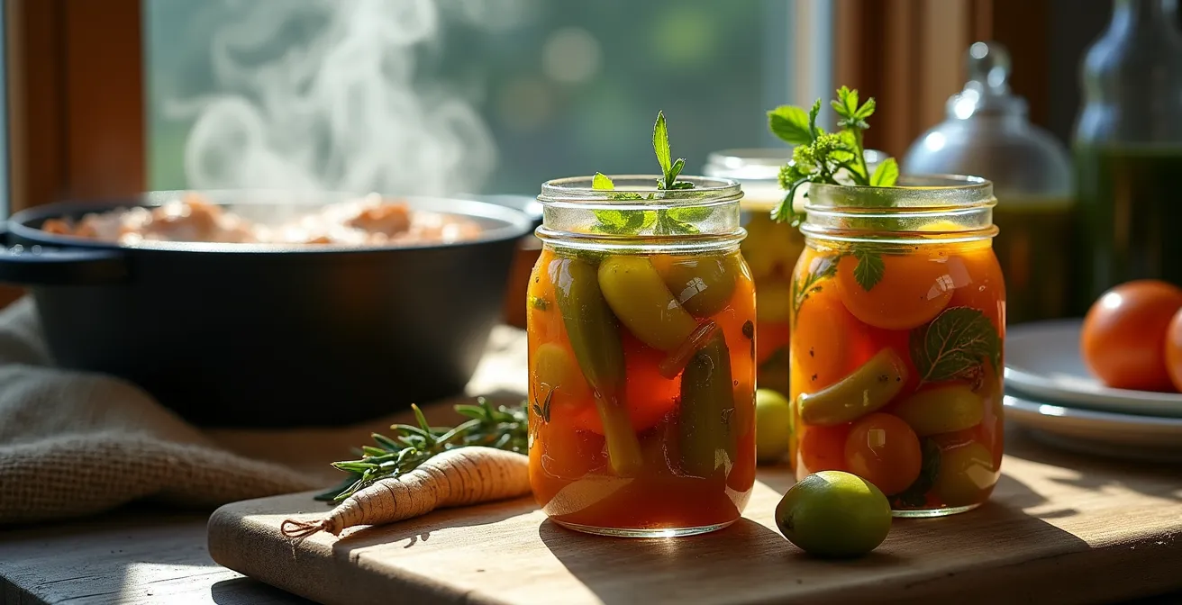 Gros plan sur des bocaux de conserves artisanales et plats mijotés traditionnels québécois dans une cuisine rustique