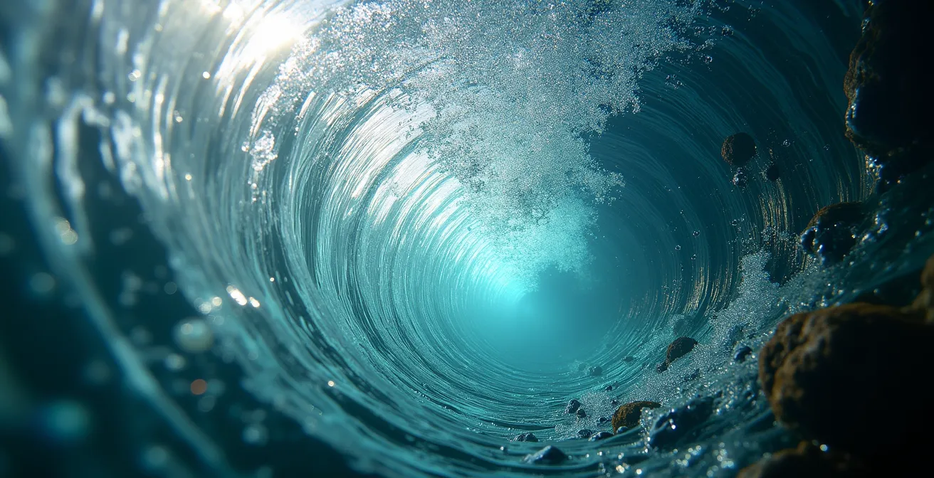 Vue en coupe sous-marine montrant le phénomène de rappel hydraulique au pied d'une cascade