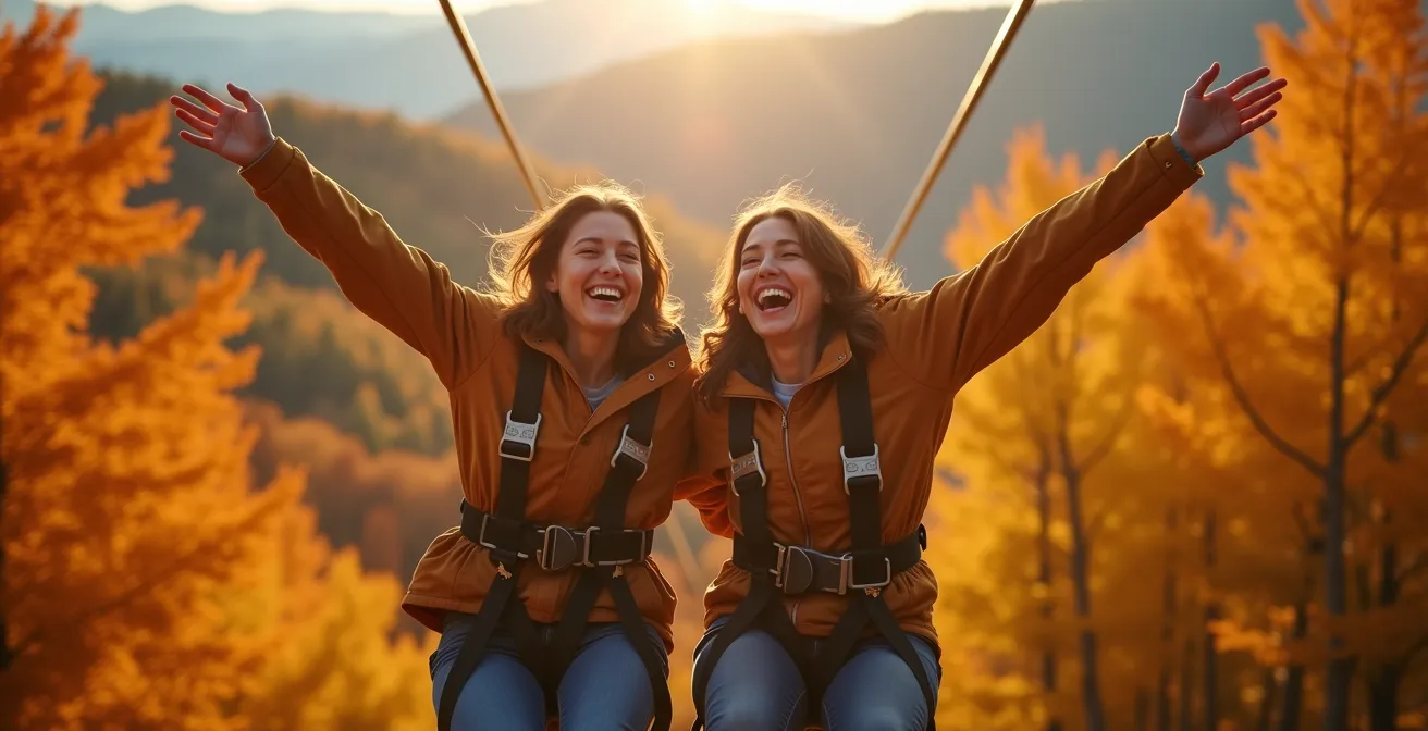 Deux personnes côte à côte sur des tyroliennes parallèles descendant à travers la canopée automnale colorée