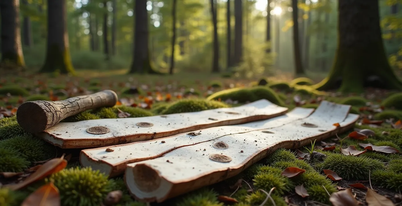 Écorce de bouleau naturelle avec motifs traditionnels autochtones visibles dans un environnement forestier