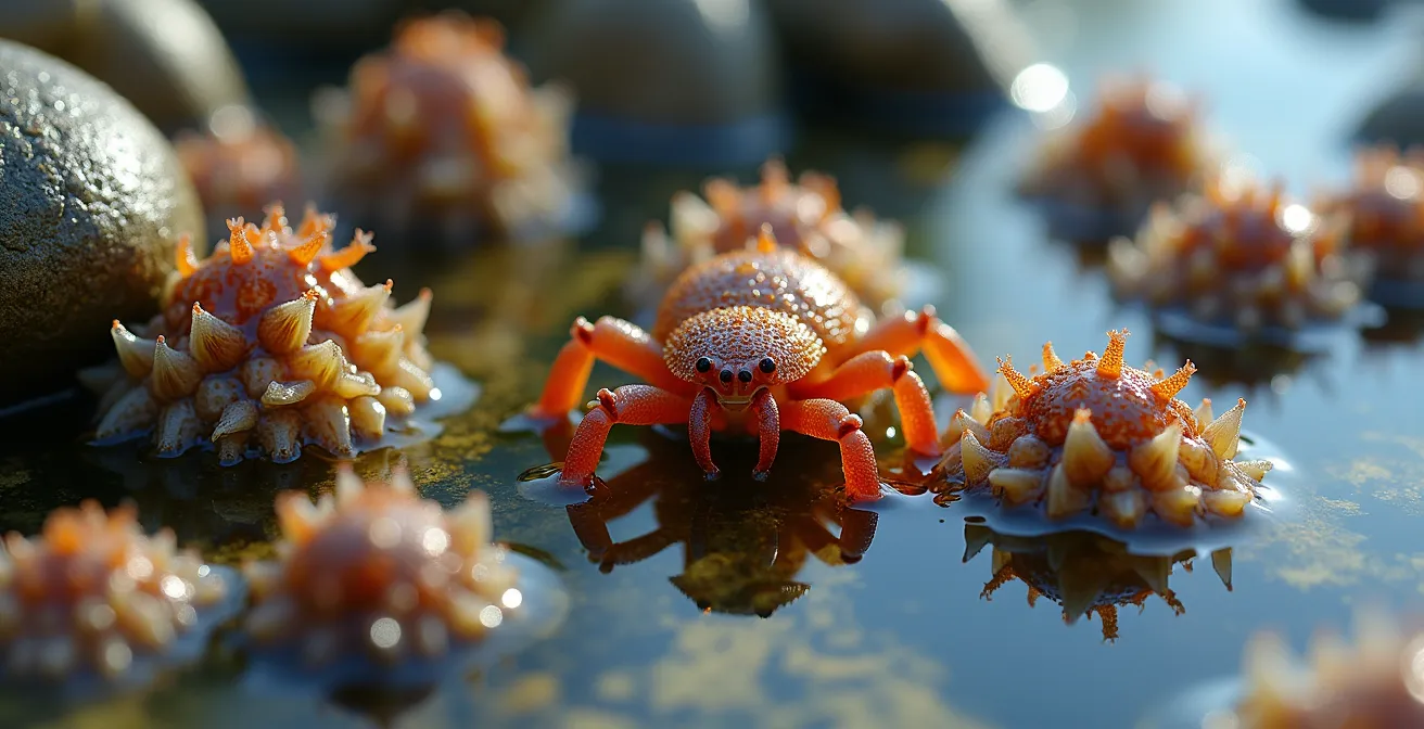 Vue macro de l'estran québécois avec ses habitants marins dans leur habitat naturel