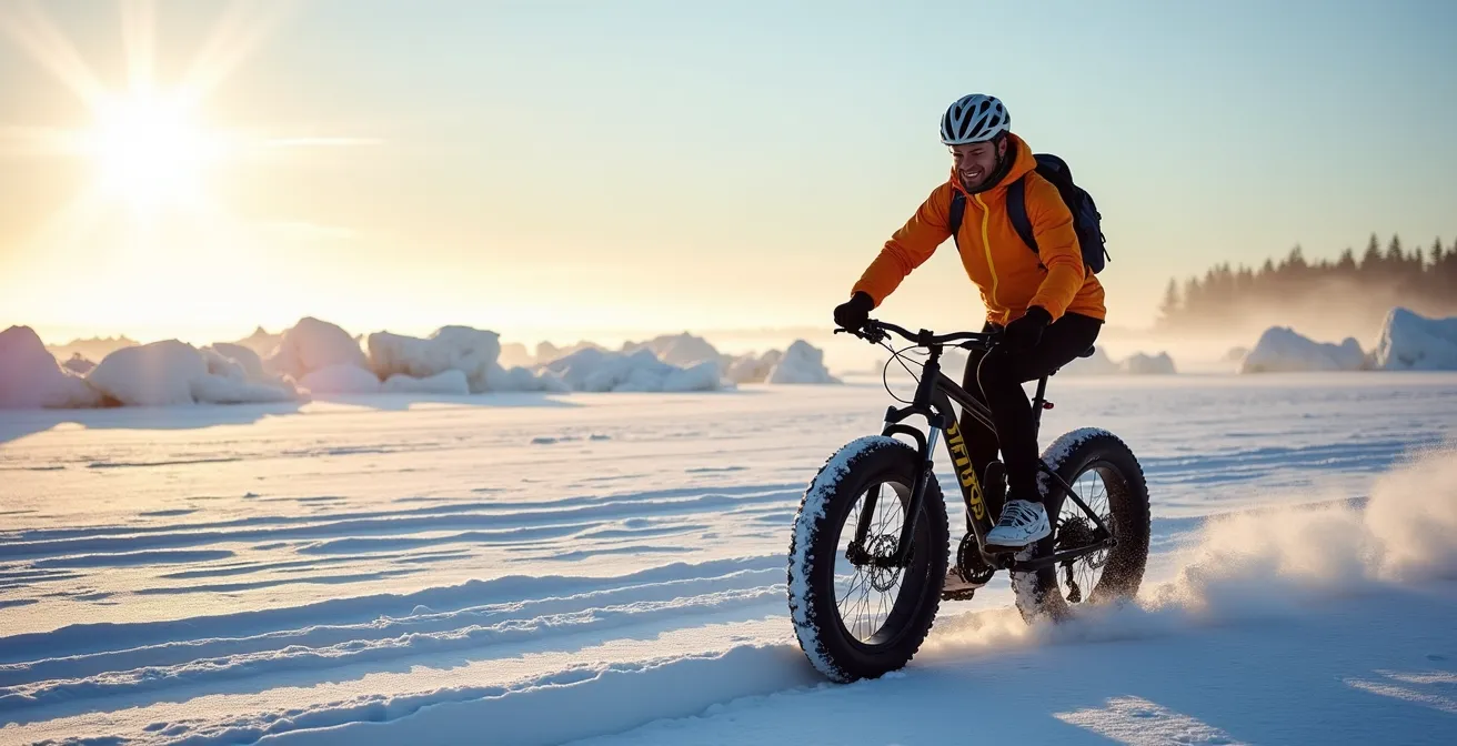 Cycliste en fat bike sur une plage enneigée du Québec avec formations de glace