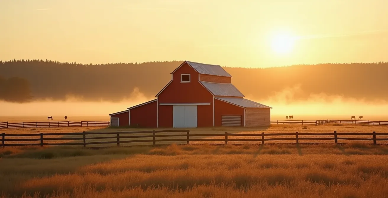 Vue d'ensemble d'une ferme canadienne au lever du soleil avec grange rouge traditionnelle et champs dorés
