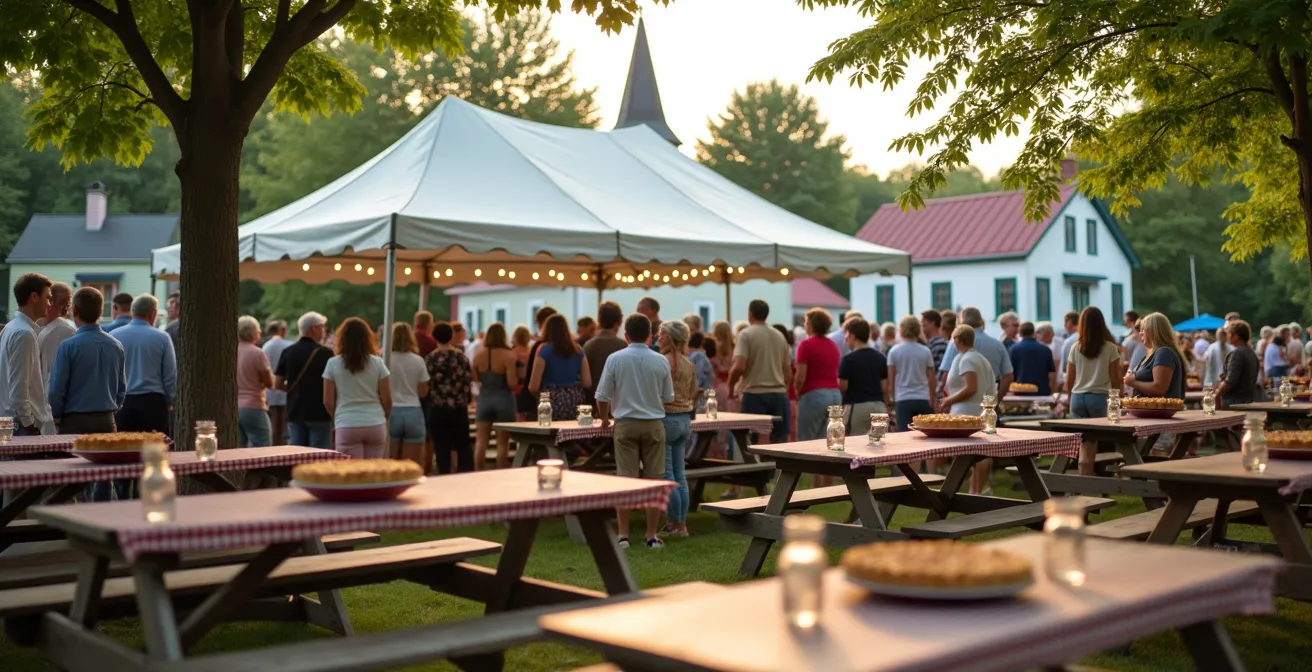 Vue aérienne d'une fête de village québécoise avec chapiteau blanc, tables de pique-nique et communauté rassemblée