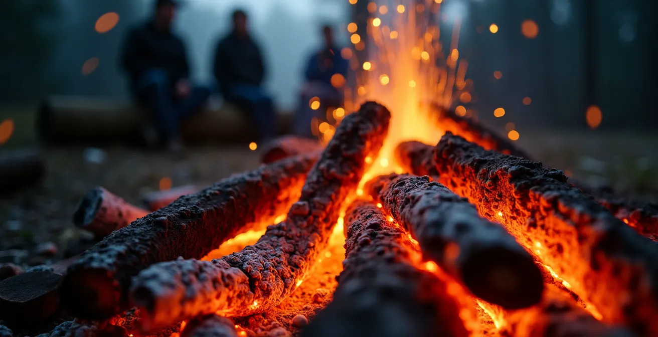 Groupe d'amis autour d'un feu de camp au bord d'un lac sous un ciel étoilé d'été québécois