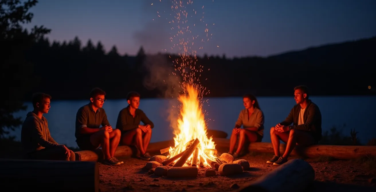 Feu de camp crépitant au bord d'un lac québécois sous un ciel étoilé