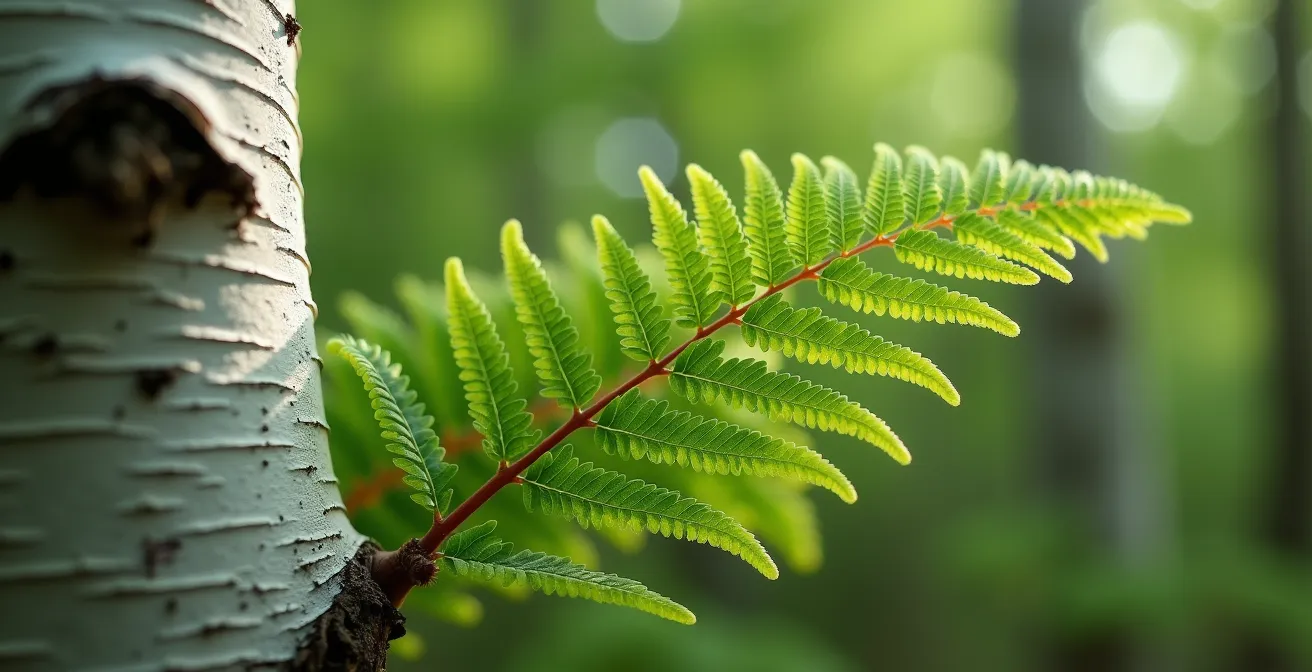 Forêt de bouleaux blancs sur tapis de fougères vert vif créant un contraste graphique saisissant