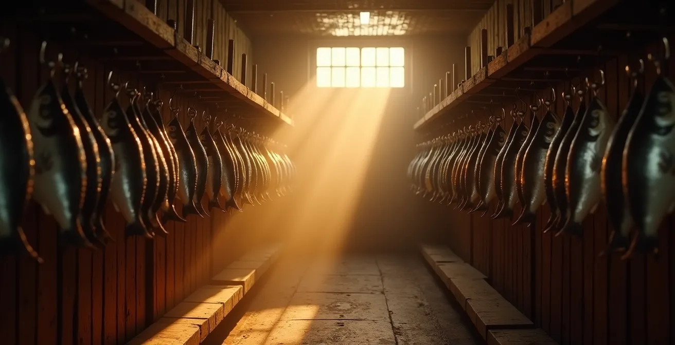 Ambiance minimaliste d'un fumoir artisanal avec filets de poisson suspendus et fumée d'érable