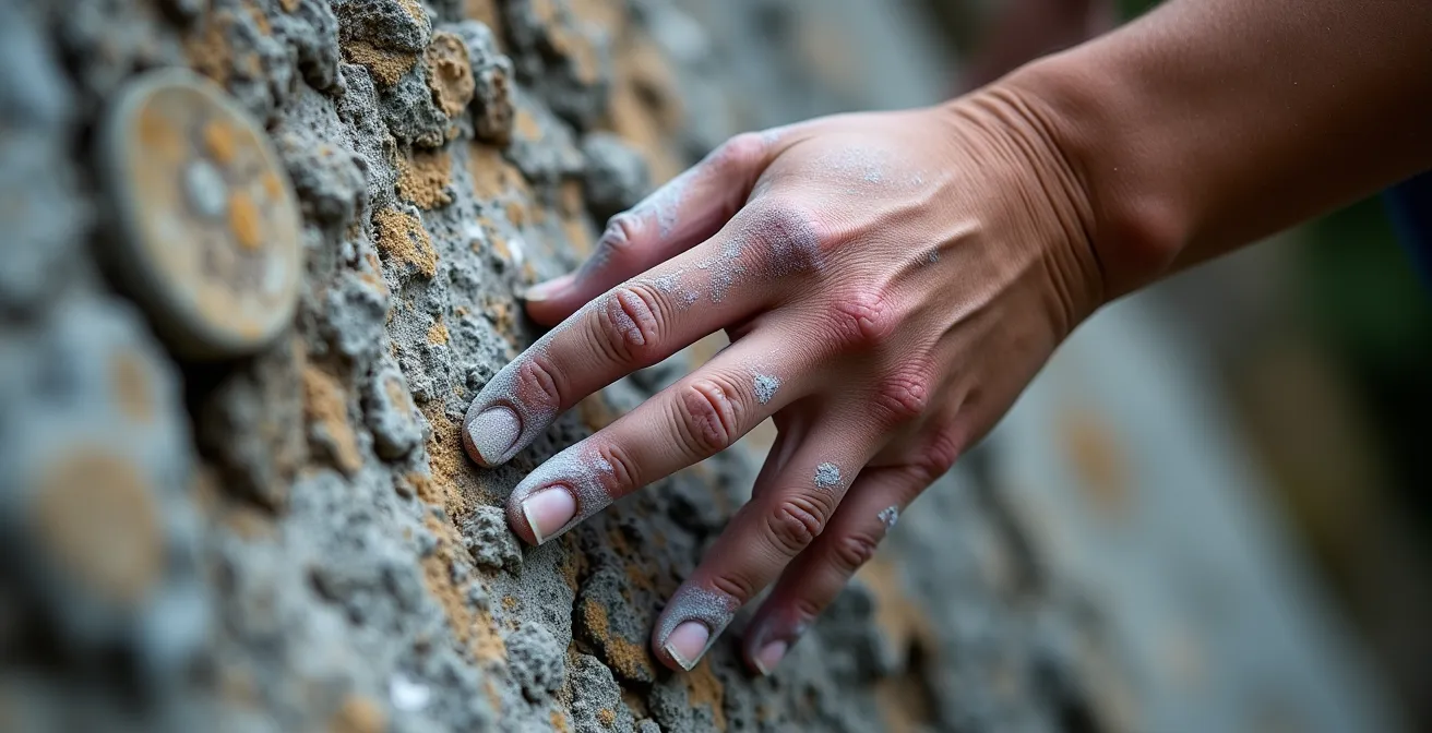 Mains d'un grimpeur agrippées à la roche calcaire texturée d'une falaise québécoise