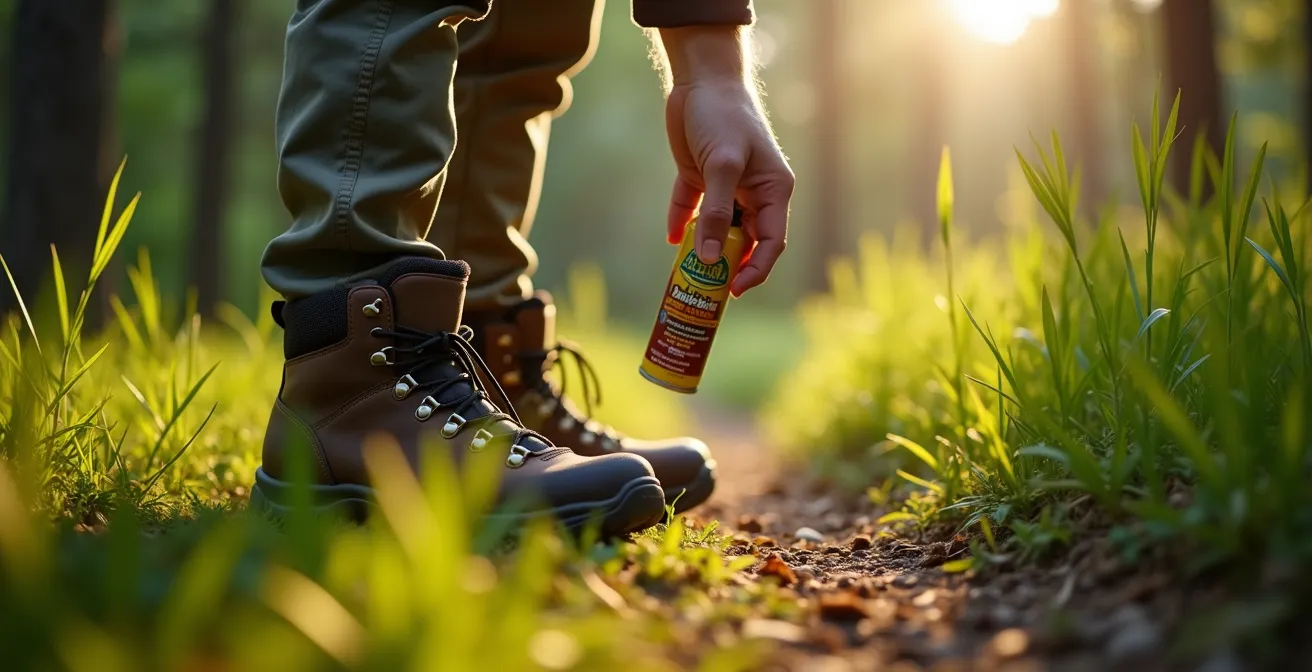 Vue rapprochée d'herbes hautes et de litière de feuilles, habitat typique des tiques