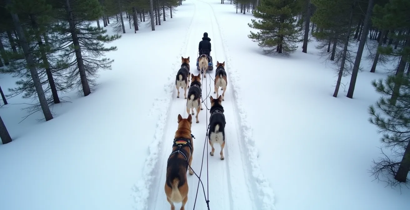 Vue aérienne d'un attelage en formation montrant les différentes positions des chiens sur un sentier enneigé