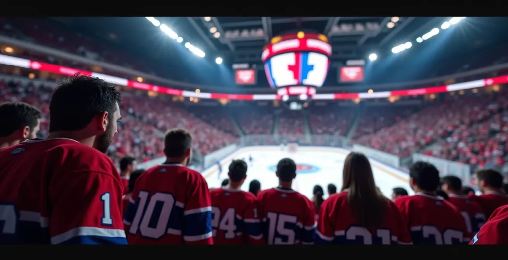 Scène emblématique d'un match des Canadiens de Montréal dans un aréna québécois, avec des supporters passionnés brandissant le fleurdelisé