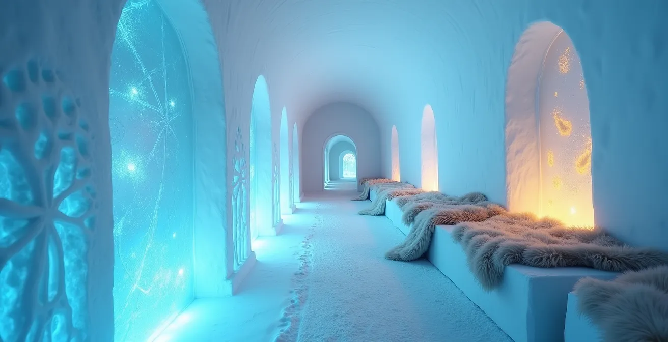 Intérieur sculpté de l'Hôtel de Glace avec jeux de lumière bleutée sur les murs de glace