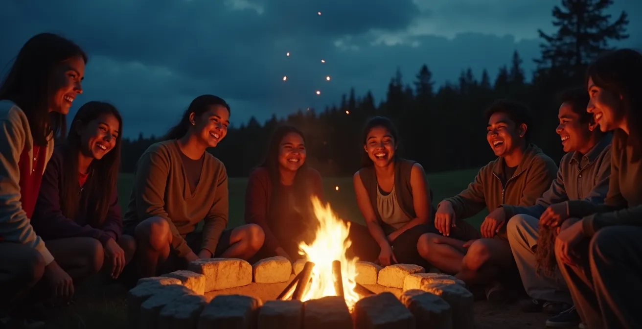 Groupe multigénérationnel autochtone partageant un moment de rire spontané autour d'un feu de camp
