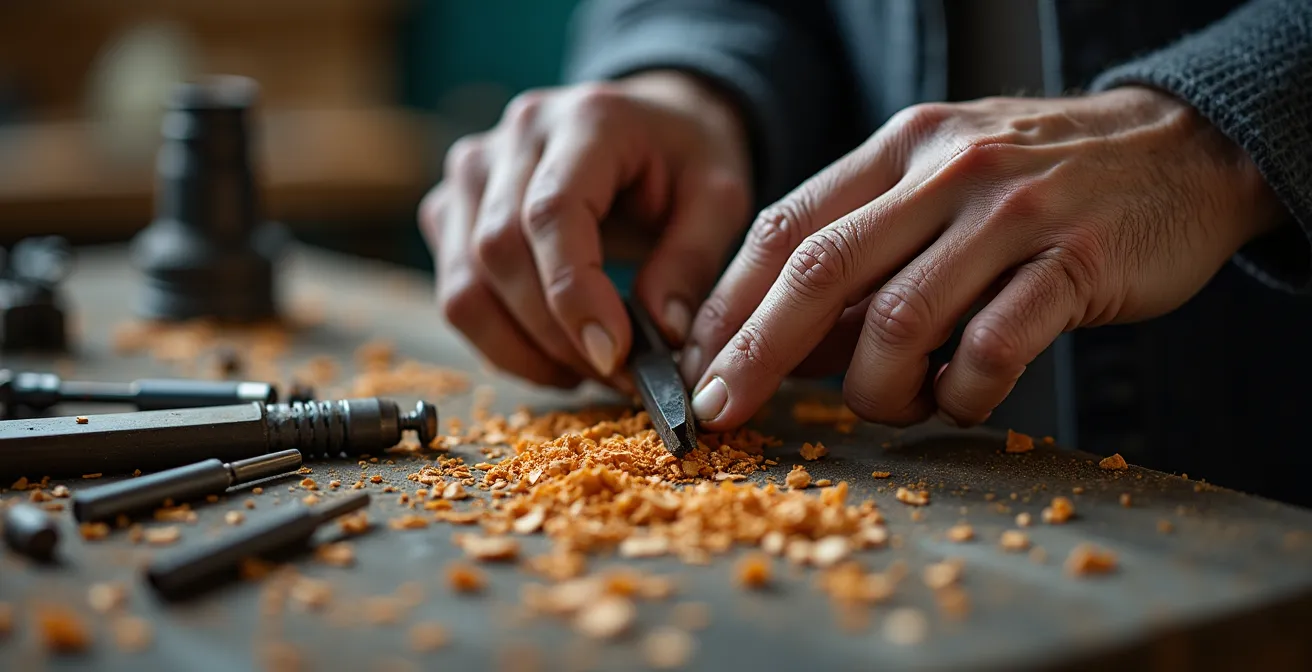 Mains créant quelque chose d'innovant avec des outils traditionnels et modernes