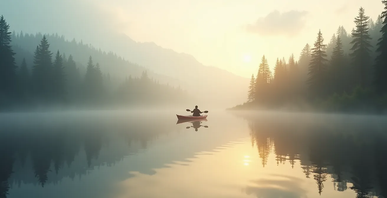 Kayakiste naviguant dans la brume dorée du matin sur un lac canadien parfaitement lisse