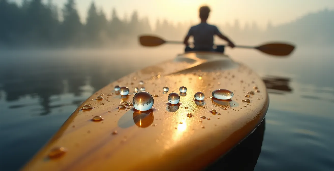 Kayakiste solitaire glissant sur un lac miroir dans la brume matinale canadienne