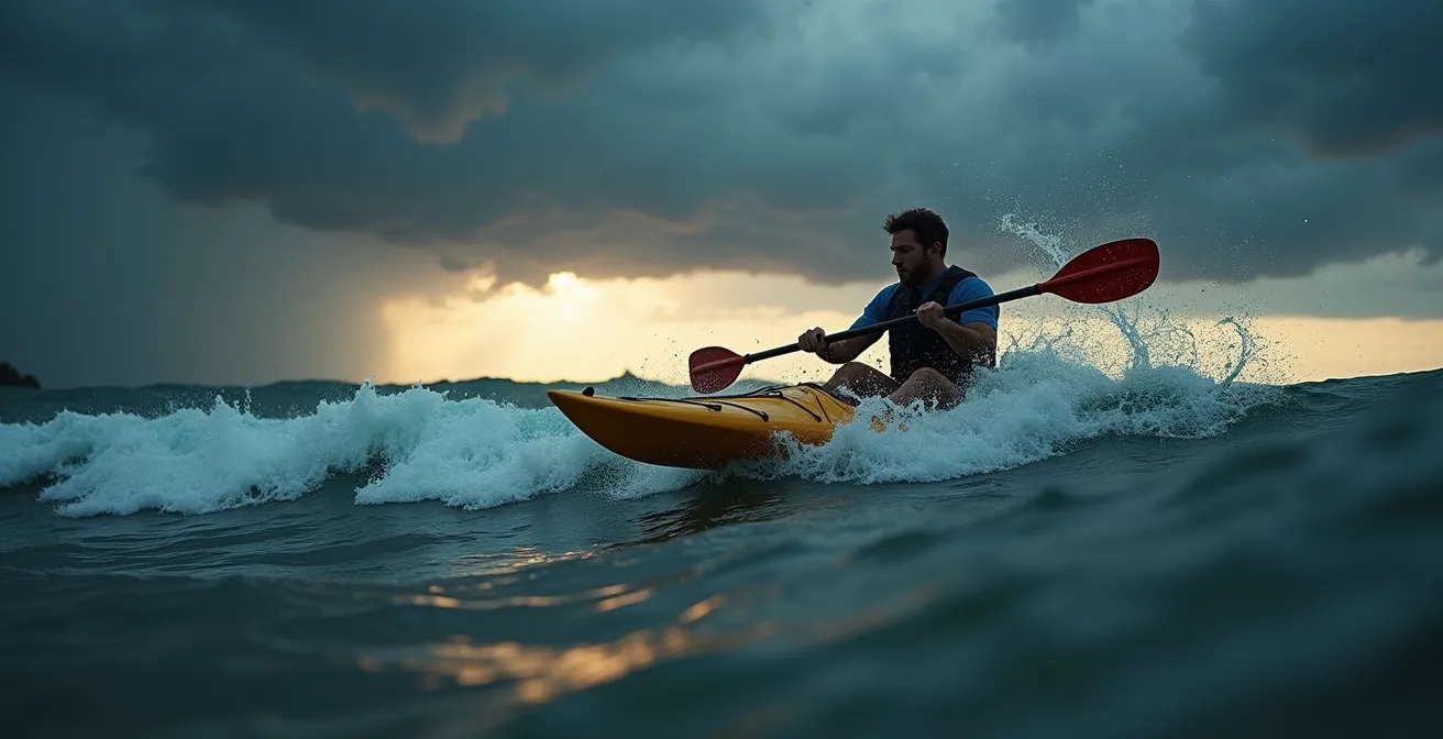 Kayakiste luttant contre des vagues sur un lac canadien sous un ciel orageux