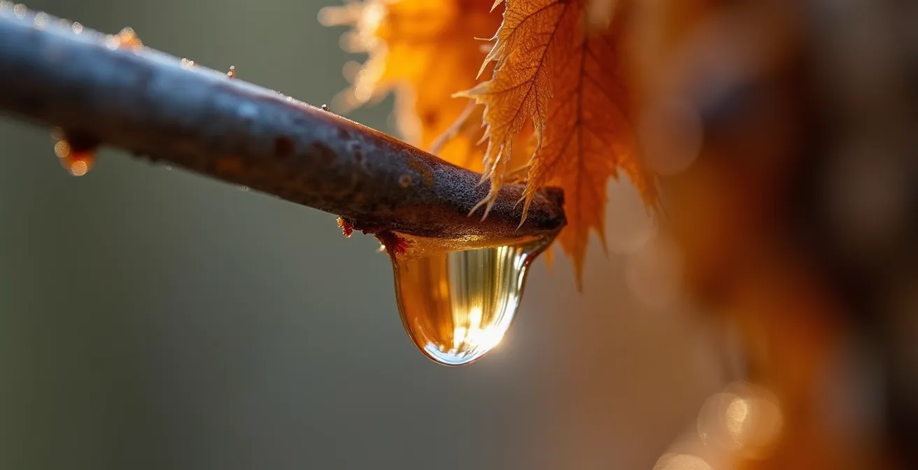 Gros plan extrême sur une goutte de sève d'érable perlant sur un chalumeau traditionnel en métal