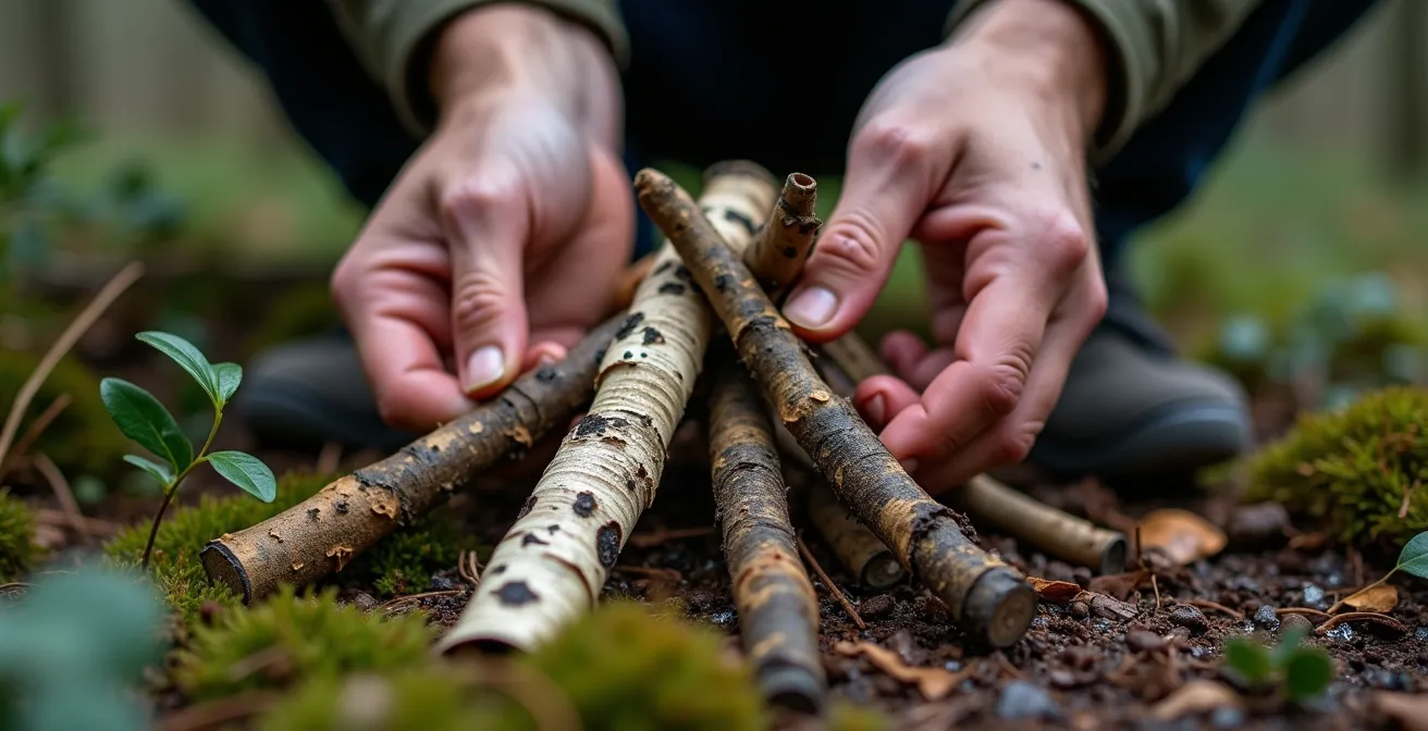 Gros plan de mains expertes préparant l'écorce de bouleau et les branches d'épinette pour allumer un feu