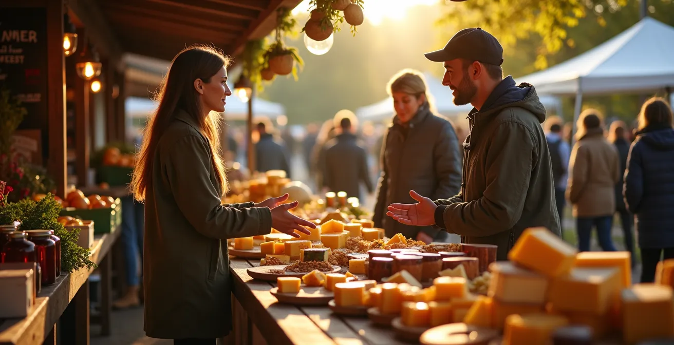 Marché public québécois avec étals de produits frais et interaction entre producteur et client