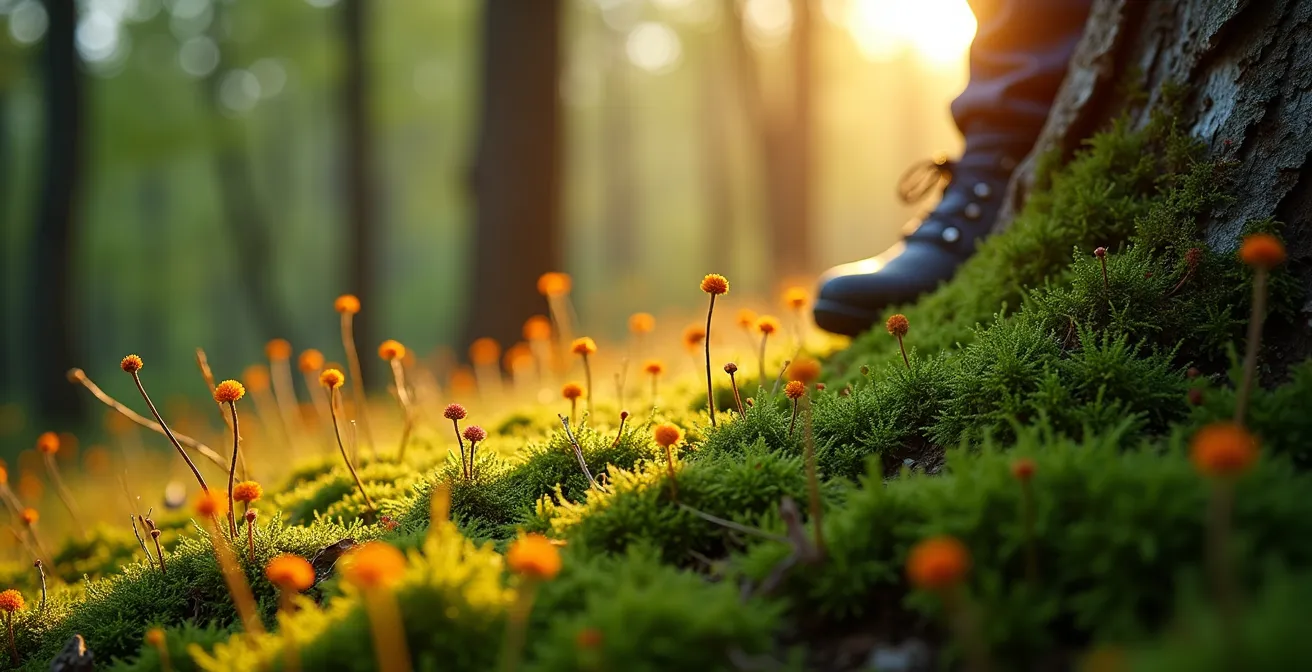 Détail macro de mousse et lichens sur tronc d'arbre avec lumière dorée