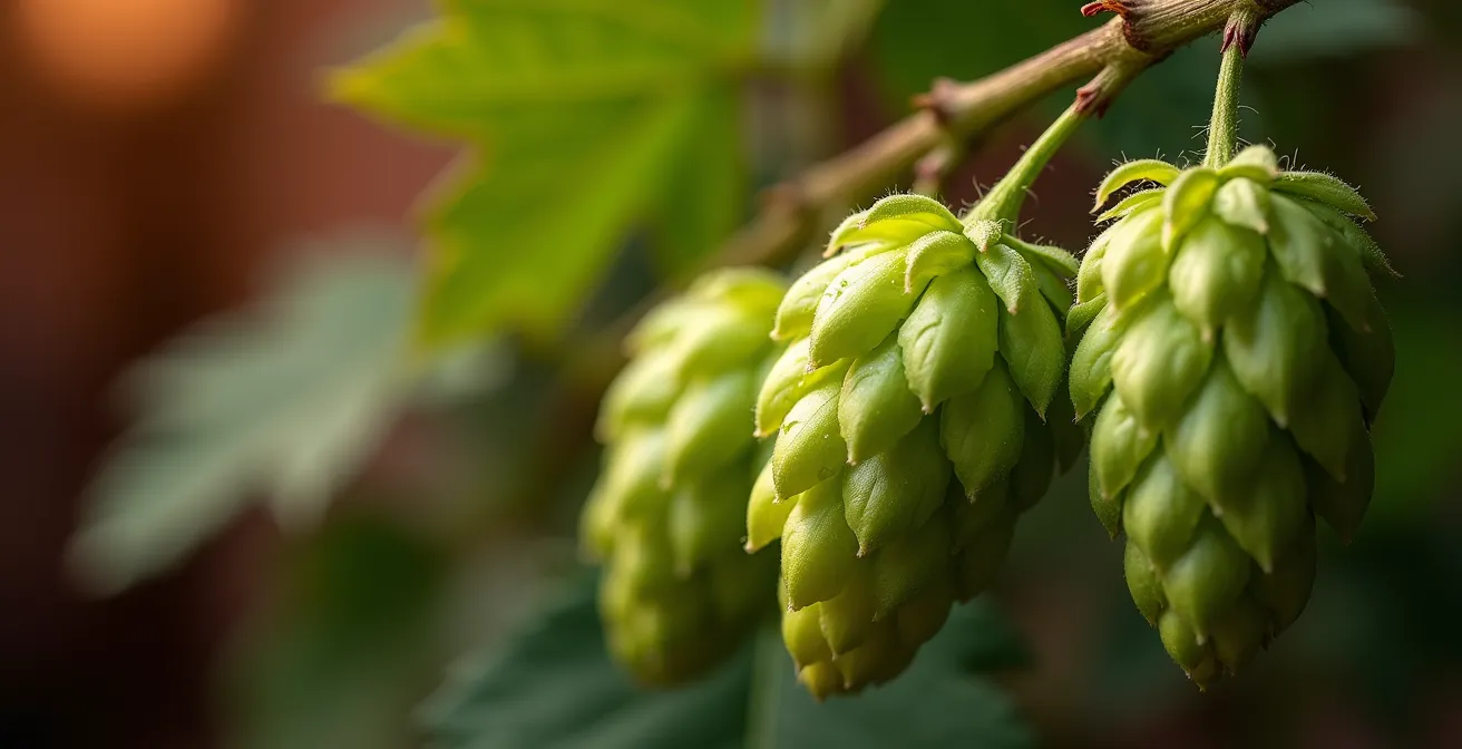 Vue macro de houblons locaux avec équipement de brassage artisanal en arrière-plan