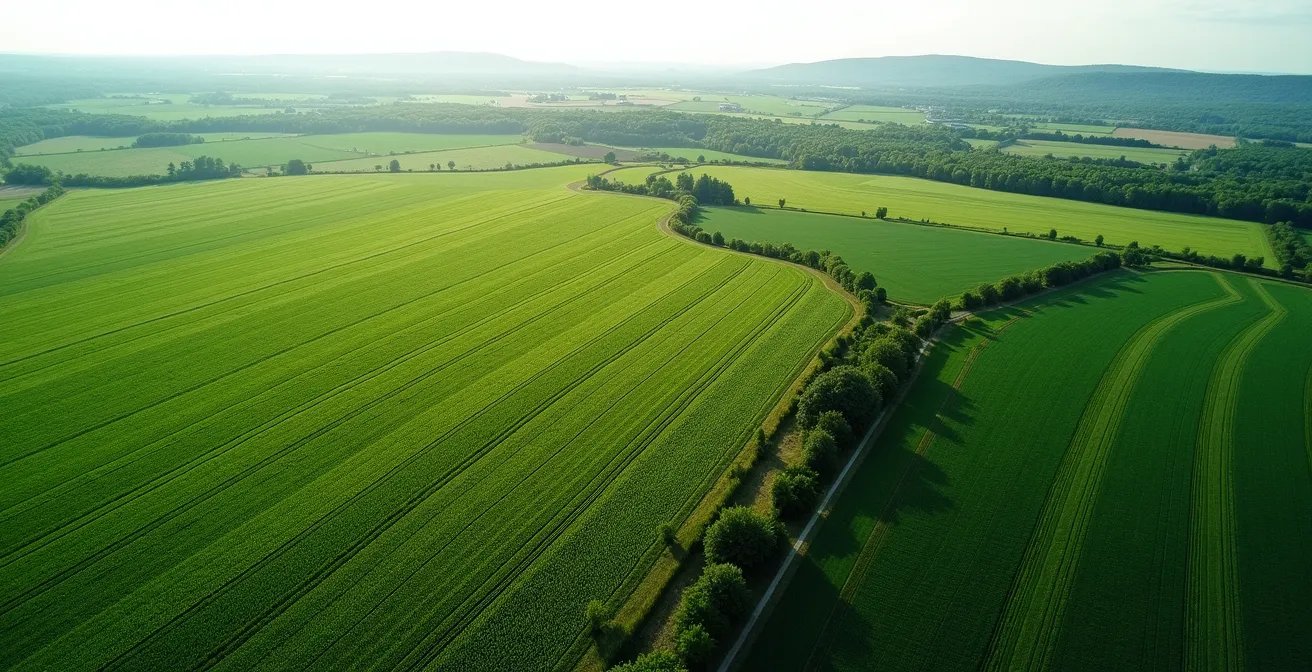 Vue aérienne de la plaine agricole de la Montérégie montrant le contraste entre les verts du maïs, du soya et des bandes riveraines