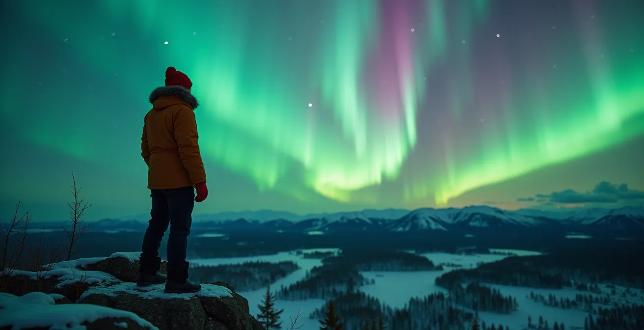Personne seule observant les aurores boréales depuis un sommet rocheux au Québec, vue panoramique de la forêt boréale