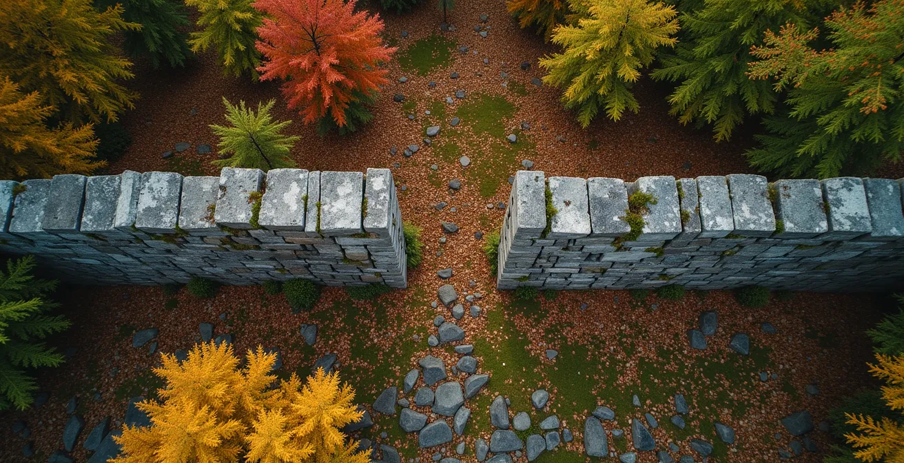 Vue aérienne minimaliste d'un ancien muret de pierres envahi par la forêt québécoise, témoignage du passé agricole