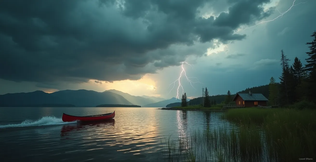 Ciel d'orage dramatique au-dessus d'un lac québécois avec un canot se dirigeant vers la rive