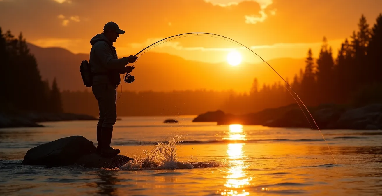 Pêcheur à la mouche effectuant un lancer gracieux dans une rivière des Rocheuses canadiennes