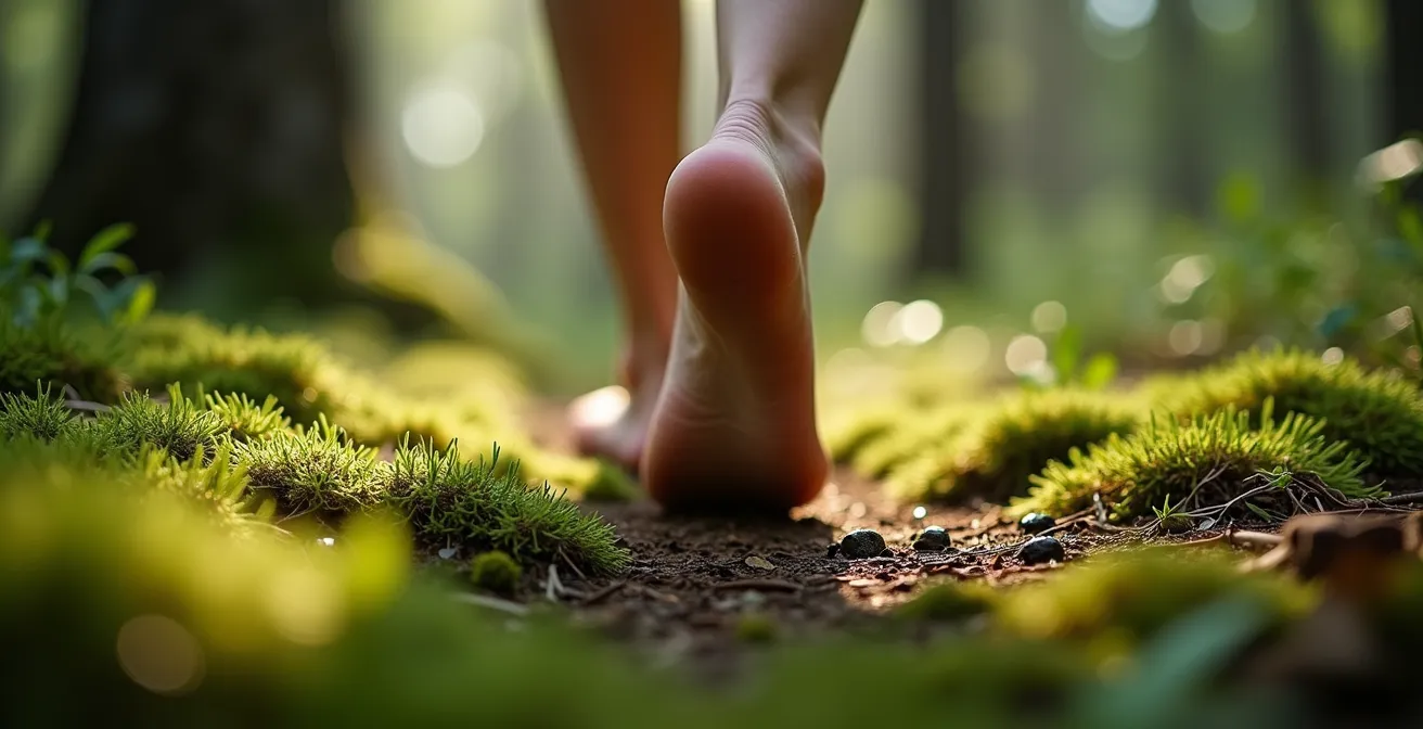 Gros plan sur des pieds nus marchant sur un tapis de mousse verte dans une forêt canadienne