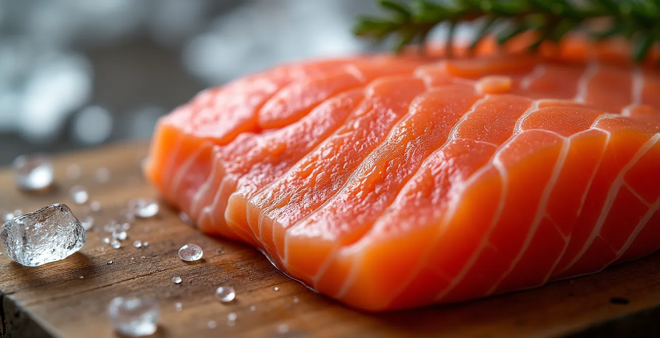 Gros plan macro sur la chair rouge vif d'un omble chevalier avec des cristaux de glace
