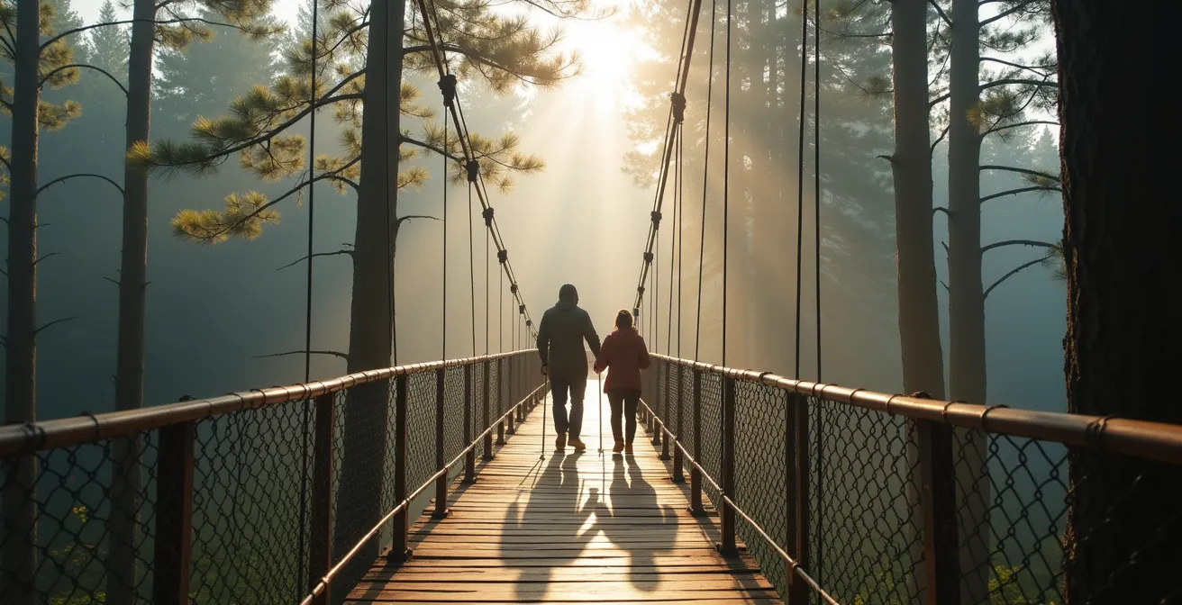 Famille traversant un pont suspendu en bois au-dessus de la canopée, alternative paisible à la tyrolienne