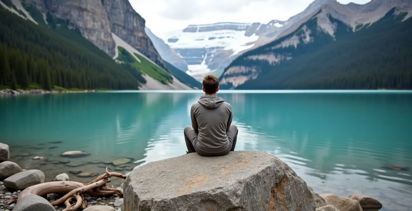 Randonneur assis sur un rocher contemplant un lac turquoise entouré de montagnes dans les Rocheuses canadiennes