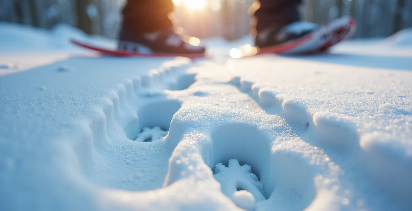 Traces d'animaux dans la neige fraîche avec raquettes modernes en premier plan