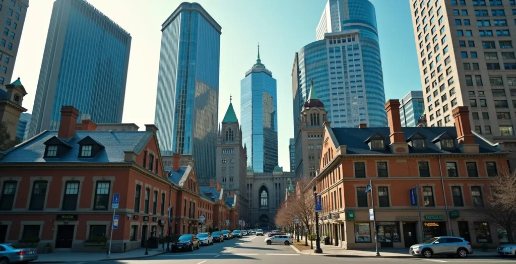 Contraste visuel symbolisant la Révolution tranquille québécoise : architecture moderne côtoyant patrimoine traditionnel dans un paysage urbain québécois