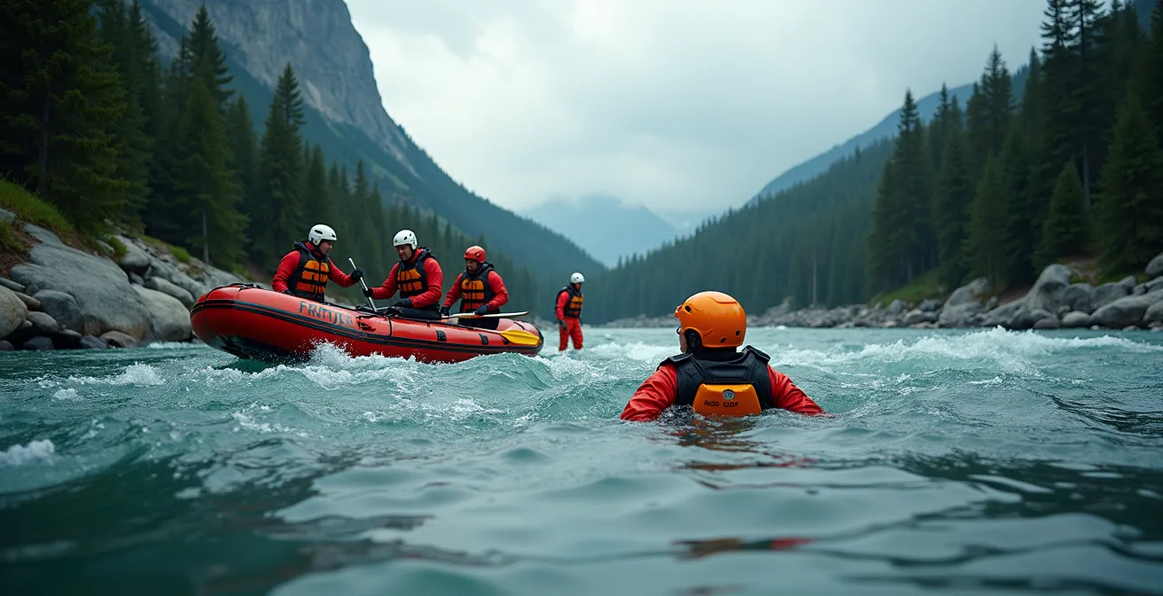 Sauvetage d'équipe en rafting avec lancer de corde dans une rivière canadienne