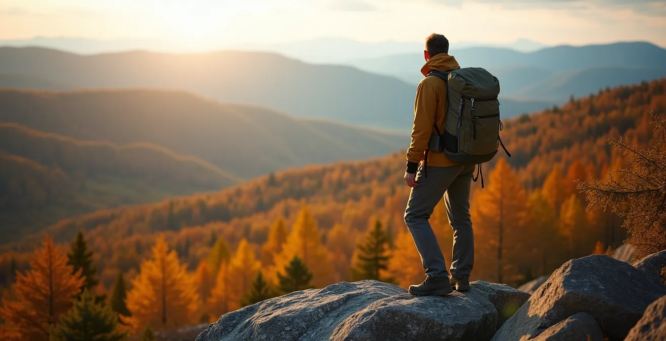 Vue panoramique d'un randonneur sur un segment du Sentier National au Québec avec vue sur les montagnes