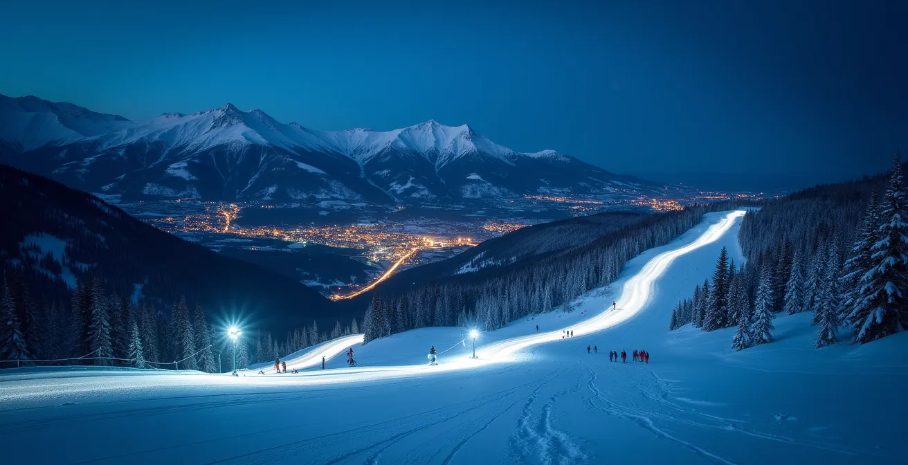 Pistes de ski illuminées en soirée avec skieurs sous les projecteurs et vue sur les lumières de la ville au loin
