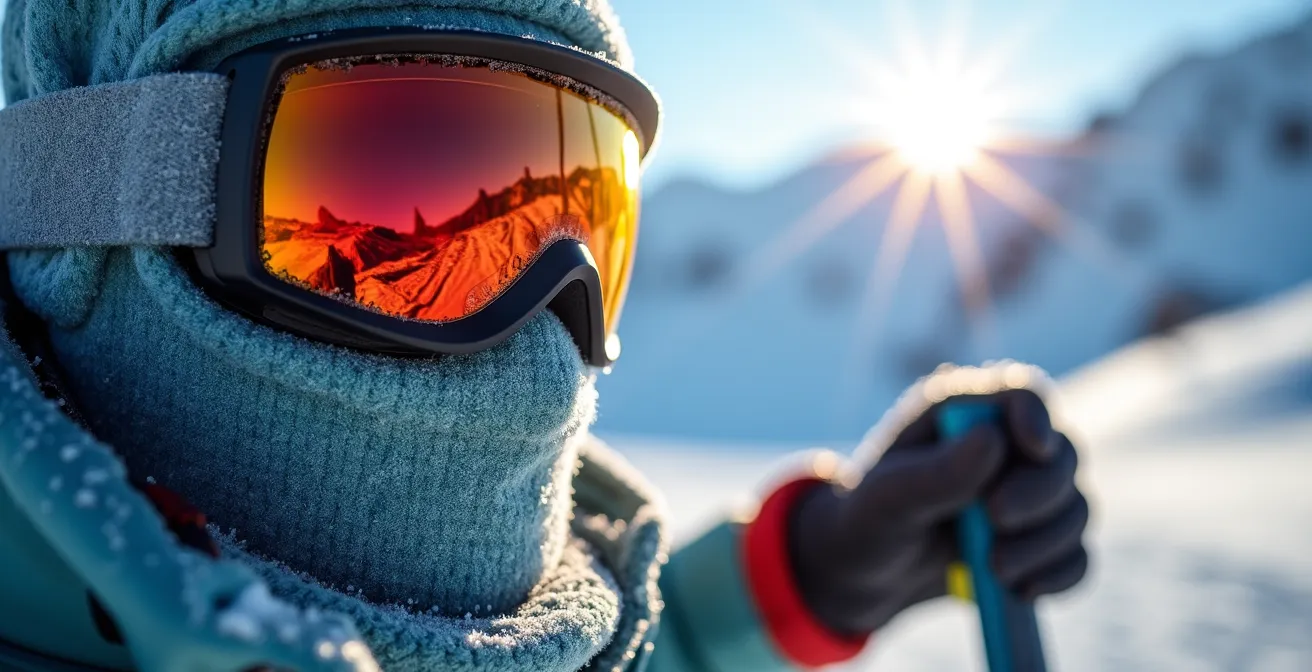 Skieur bien équipé pour le grand froid québécois avec vue sur montagne enneigée sous ciel cristallin