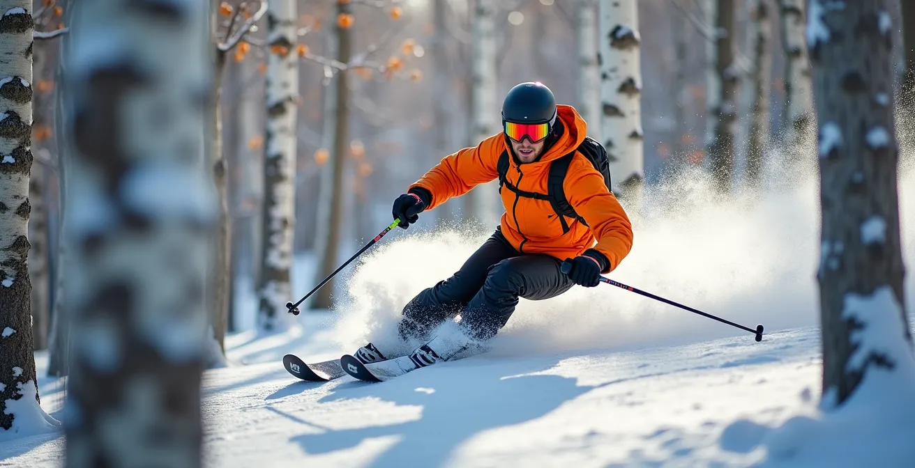 Skieur naviguant prudemment entre les arbres enneigés dans une forêt québécoise