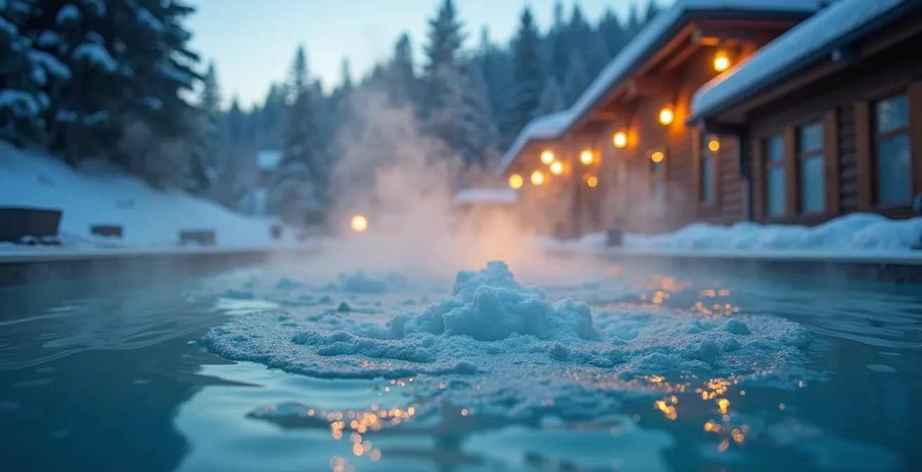 Bain thermal extérieur fumant entouré de sapins en forêt au crépuscule au Québec