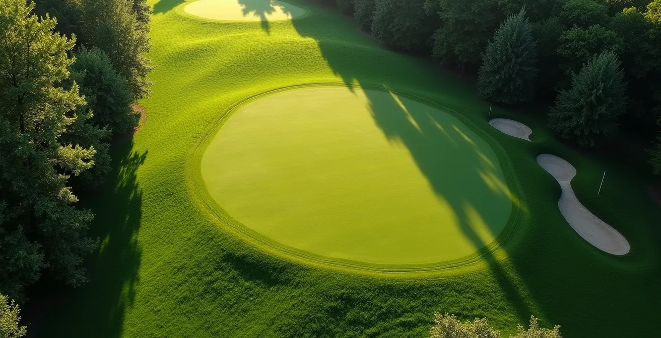 Vue plongeante sur un green de golf québécois montrant le contraste entre le vert manufacturé du green et le vert naturel du rough