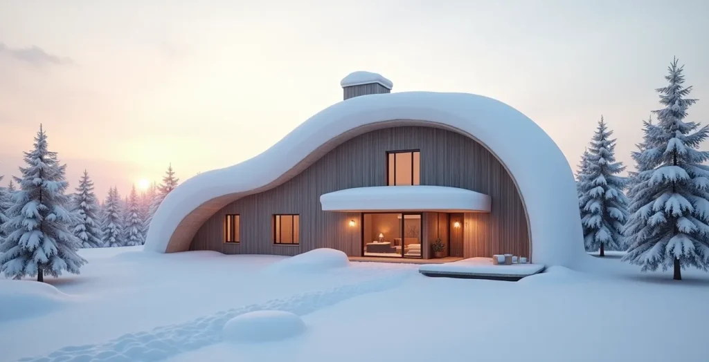 Maison traditionnelle québécoise avec toiture à forte pente enneigée sous un ciel clair d'hiver