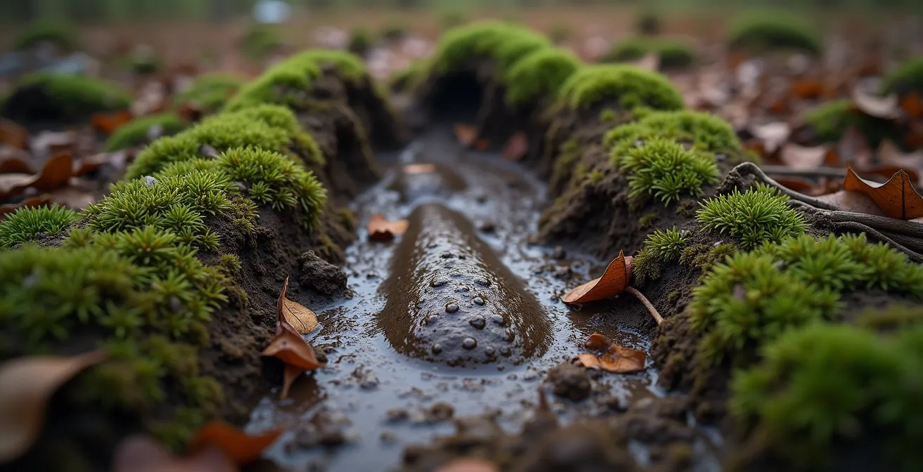 Empreintes fraîches d'orignal dans la boue près d'un cours d'eau en forêt boréale