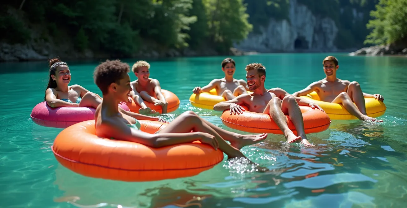 Groupe de personnes flottant sur des chambres à air colorées dans les eaux cristallines de la rivière Bonaventure